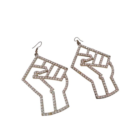 black power to the people silver rhinestone sparkle oversize large earrings - Picture 3 of 5